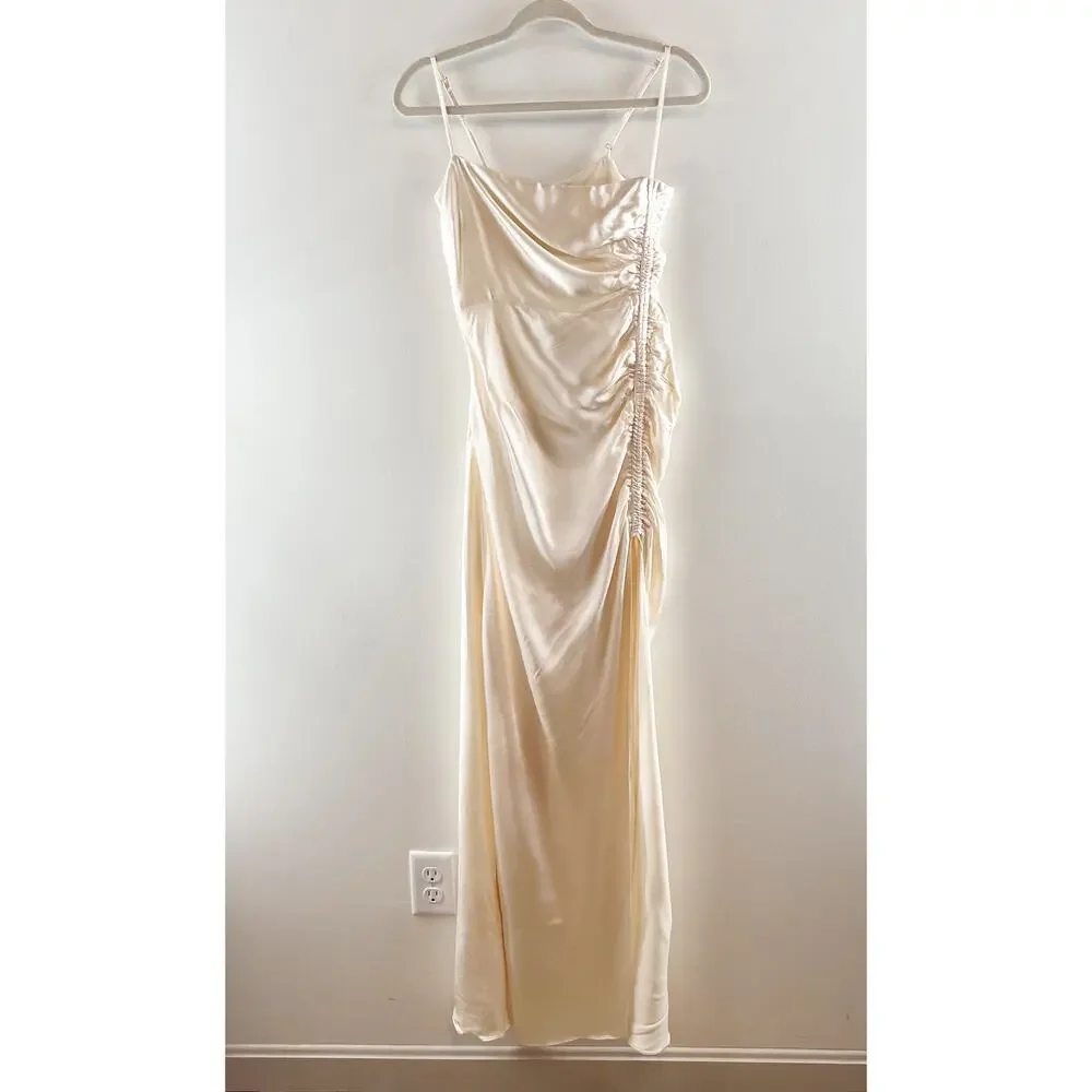 Shona Joy La Lune Ruched Side Slit Maxi Formal Slip l Dress Gown Cream 4 - Picture 5 of 12
